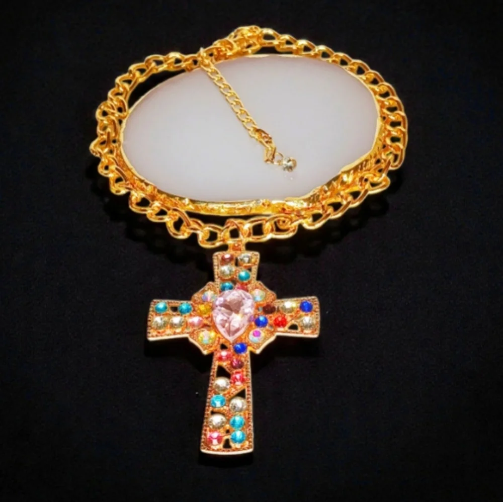 Chunky Jewel Tone Echanted Choker Necklace Cross Charm Modern Retro Glam Bling
